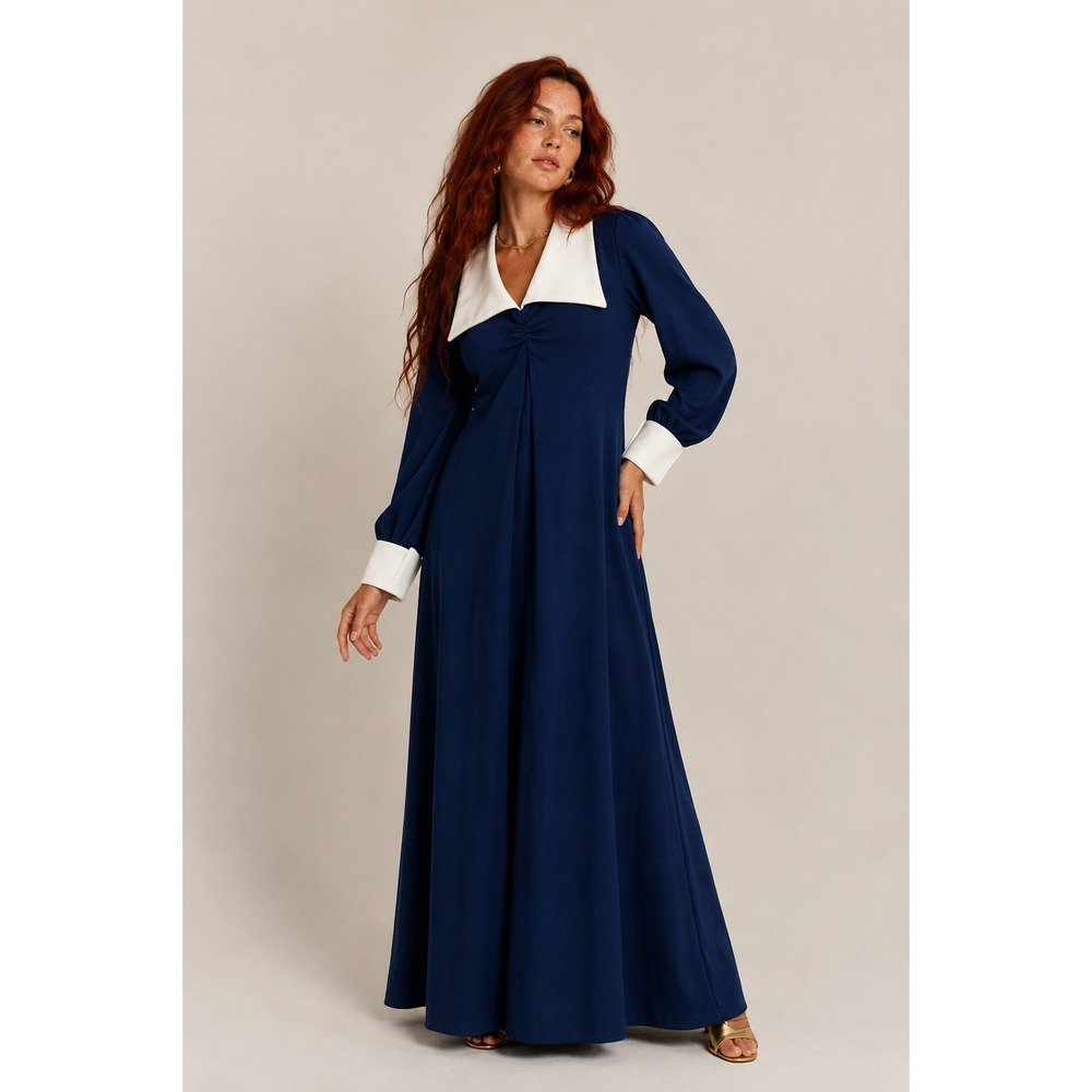 Vintage 60s 70s‎ Navy Blue long sleeved Mod Maxi Dress L